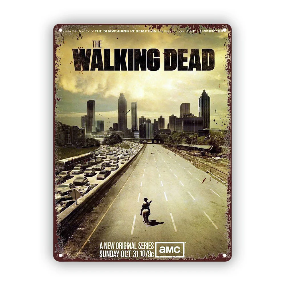 Letrero Metálico Retro de "The Walking Dead: Living in Post-Apocalyptic Ruins" Ideal para Bares, Cafés, Casas de Playa, Patios Traseros