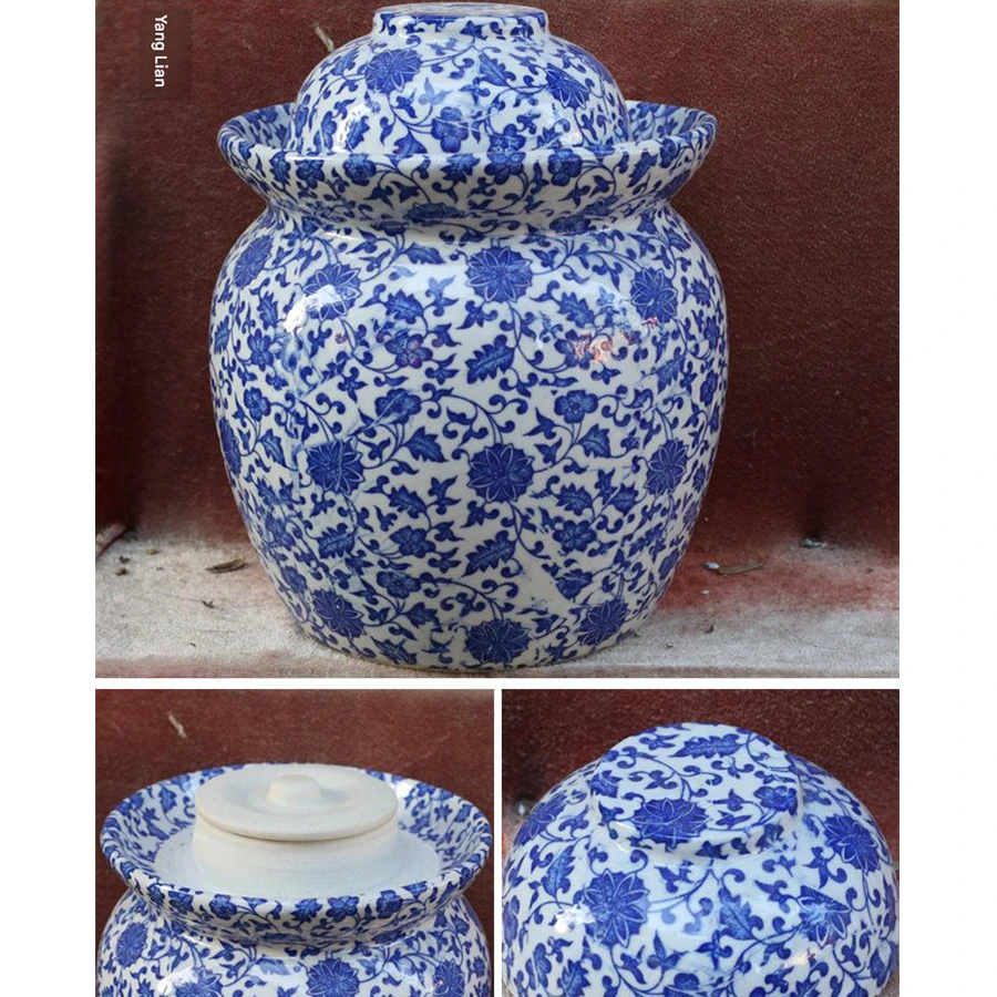 Chinese water sealed pickled Chinese cabbage jar Jingdezhen porcelain small, medium and large double lid sealed pickle jar - view 6