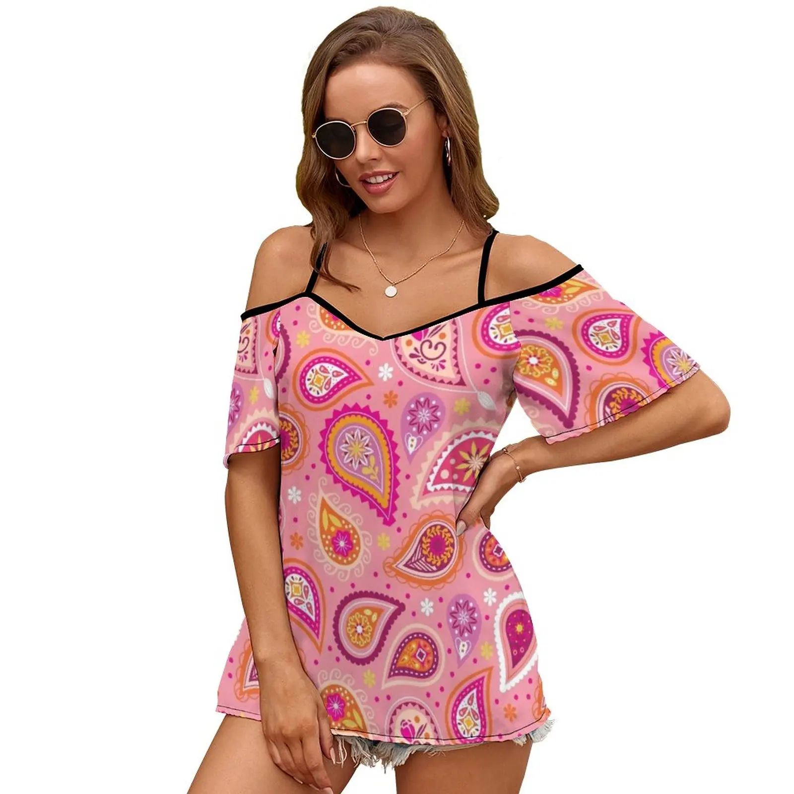 Colorful Summer Paisleys Sexy And Club Fashion Female T-Shirt Short Sleeve Off Shoulder Lady T Shirts Paisley Summer Happy Sun