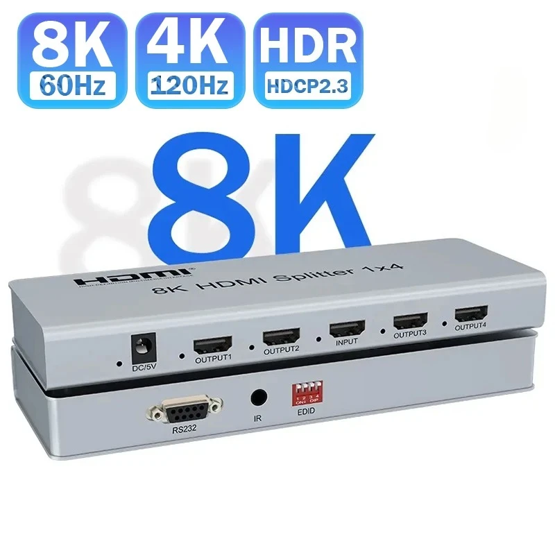 8K@60Hz HD Splitter 1x2 1x4 Ultra HD 4K@120Hz HDTV 2.1 Video Distributor Splitter 1 in 4 out Duplicate Screen CEC HDCP2.3 HDR