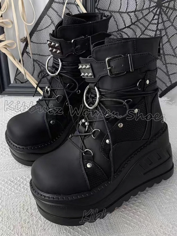 

Rivets Ankle Boot Metal Decor Leather Punk Rock Spicy Girls Shoes Lace-Up Round Toe Thick Bottom Fashion Luxury Elegant Novelty
