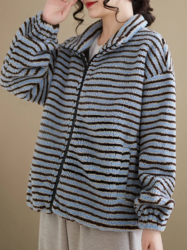 Felpa da donna in pelliccia di agnello con doppia cerniera a righe Color Blo Capispalla invernale Cappotto ort Coreano Sle Loose Fit Lungo Sve