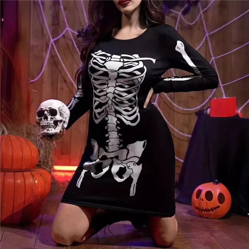 Esqueleto estampado feminino de Halloween Vestido curto, engraçado, manga comprida, gola redonda, ajuste fino, bodycon, vestidos midi para festa, cosplay, 2025