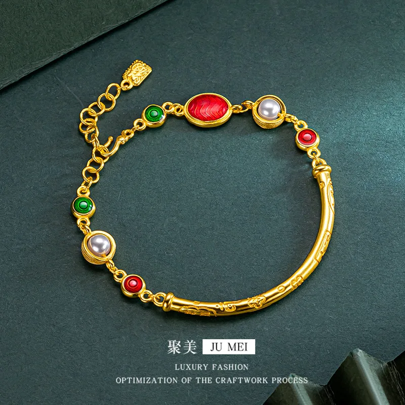 

Ancient method 24K real gold color Ruyi pearl half bracelet 9999 engraving good luck excellent exquisite niche inlaid jewelry