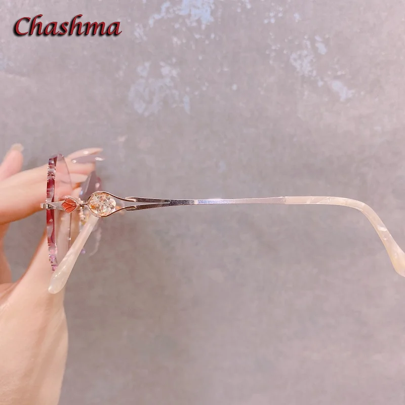 Chashma Lady Luxury Eyeglass Transparent Colored Lenses Titanium Frame Women Rhinestone Optical Rimless Light Spectacles Female