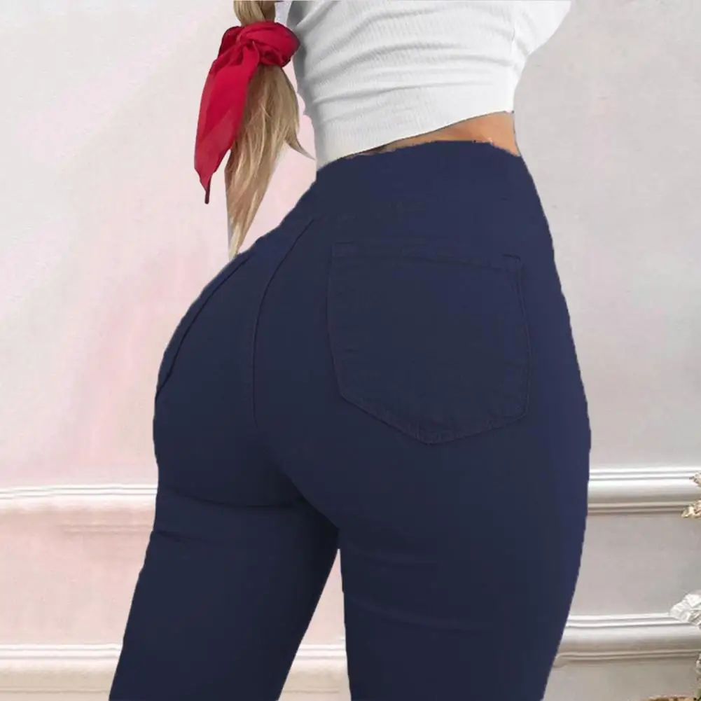 Women Solid Color Pencil Pants High Waist Pockets Leggings Slim Fit Skinny Elastic Trousers Breathable Quick Drying Long Pants