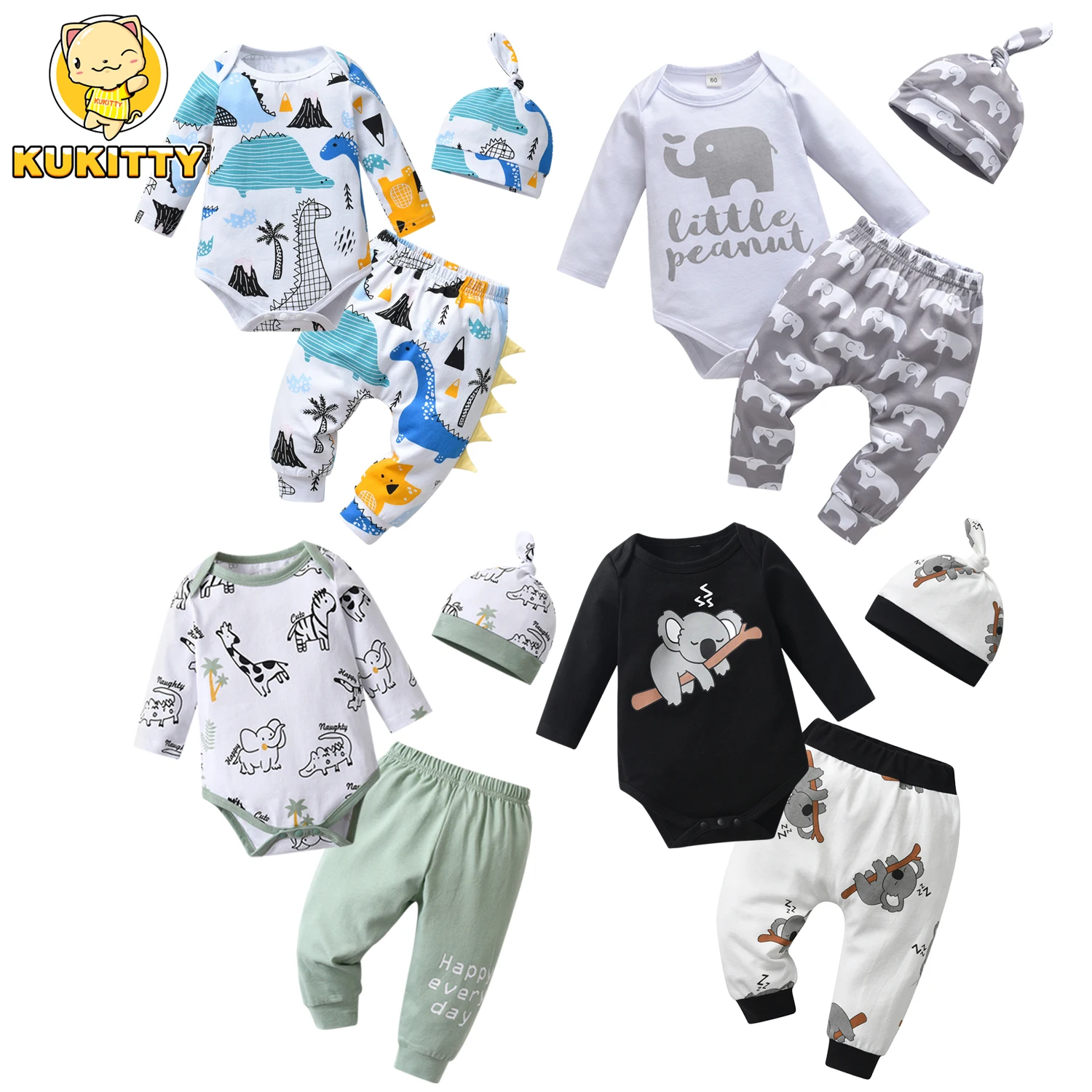 Spring Autumn infant Baby Boys Clothes Set New Printed Thin Cotton Long Sleeve Bodysuit Top + Pants + Hat Newborn Outfits