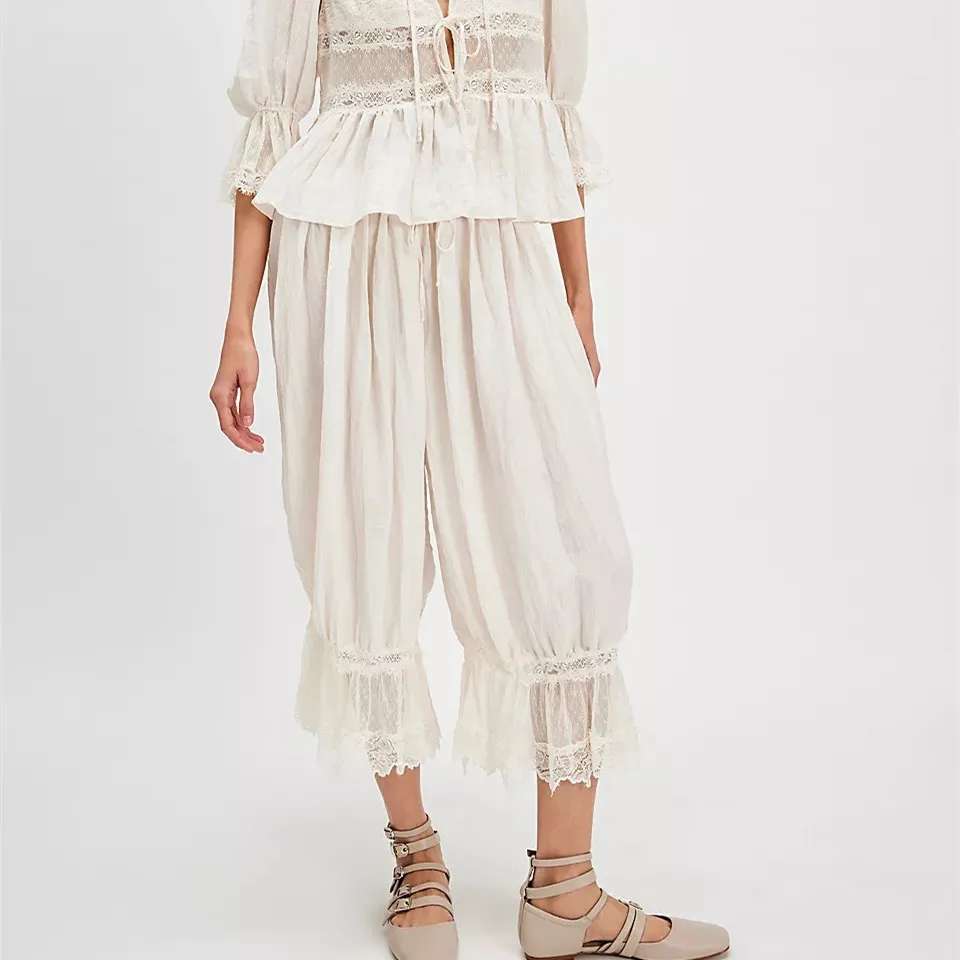 2026 Women Ruffle Long Bloomer Y2k Lace Trim Pettipants Pantaloons Mid Rise Cropped Pajama Pants Under Dress Slips