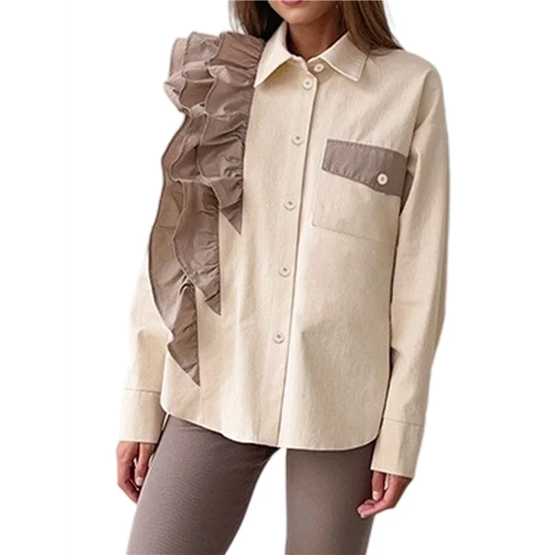 ASDS-Camisa de manga larga con volantes y dobladillo asimétrico dividido con botones y bloques de color elegante para mujer