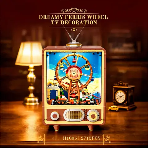 2715pcs Ferris Wheel Building Blocks Set  , Vintage TV-Shaped Model Kit for Adults  Desktop Decor for Office Room ,Birthday Easter Christmas Gift Idea