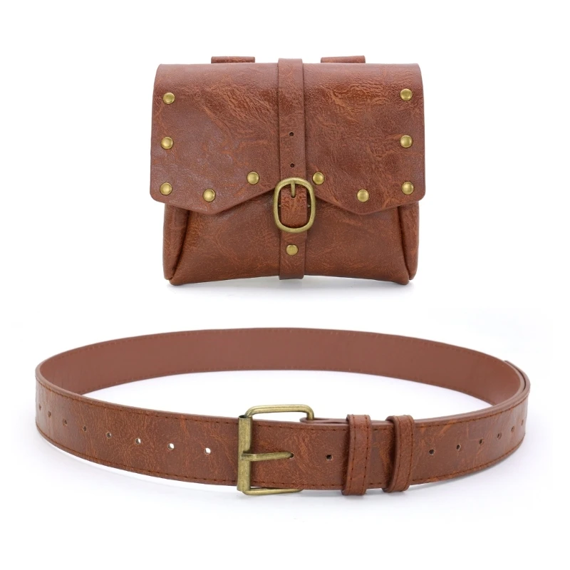  Distressed Waist Bag Belt Set for Adults, Adjustable PU Flap Bag Accessory for Halloween Role Play, Stage Use and Photos