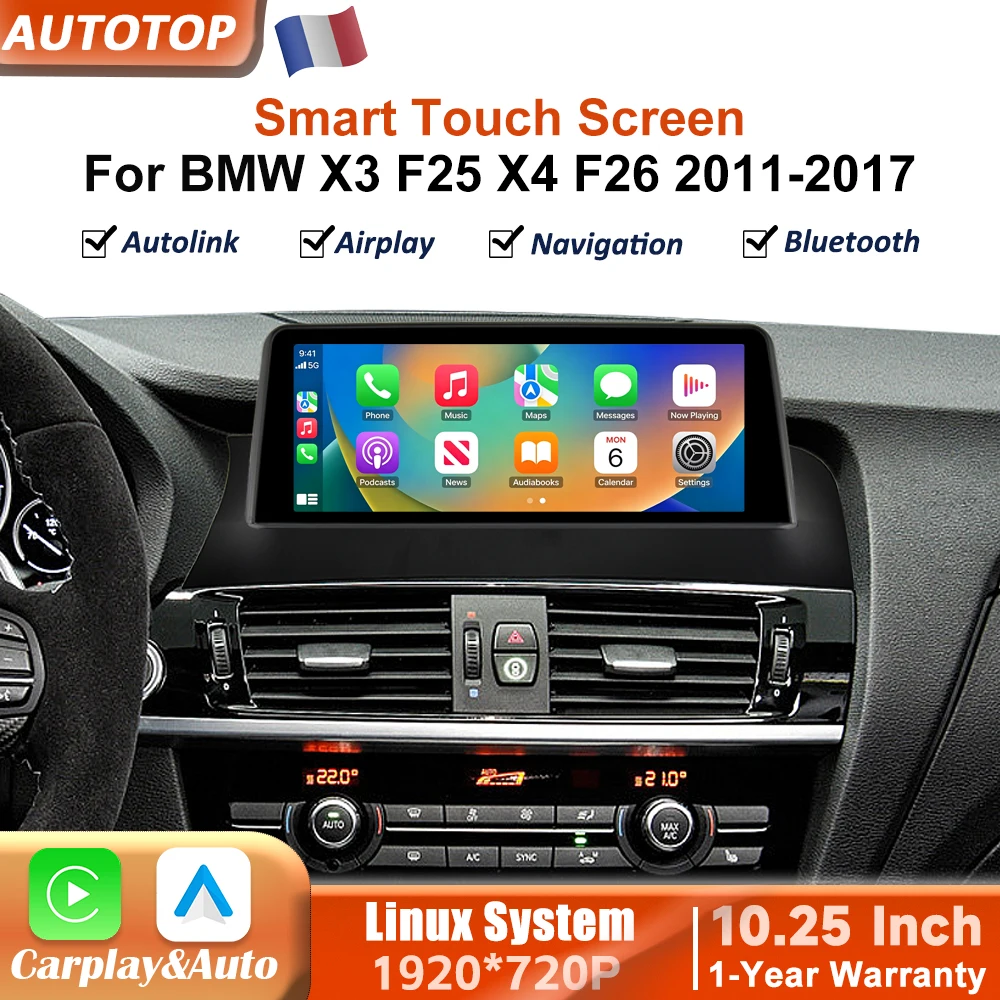 Autoradio 10,25 pouces avec CarPlay et Android Auto sans fil pour BMW X3 F25 X4 F26 2011-2017, système CIC NBT, lecteur multimédia vidéo, écran tactile Linux avec YouTube en ligne, Airplay, Autolink, Mirror Link, WiFi, Bluetooth, navigation GPS.