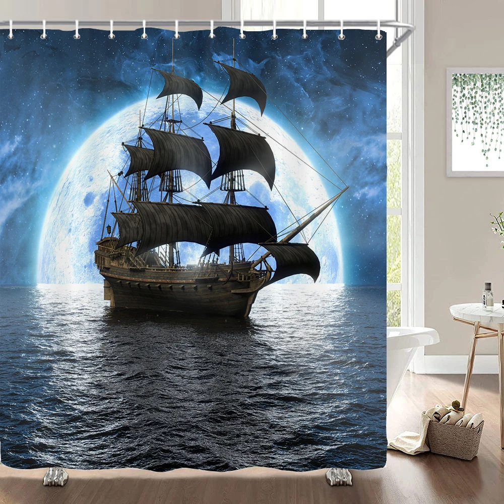 High Quality Vintage Ocean Sailboat Pirate ship Fabric Shower Curtain Waterproof Bath Curtains for Bathroom Decor with Hooks