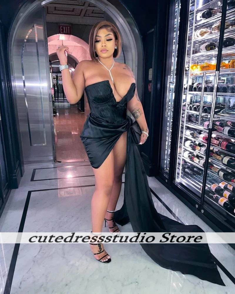 Charming Black V-Neck Short Birthday Dress For African Girls 2025 Cocktail Dresses With Ground Trailing Prom Gowns Customized