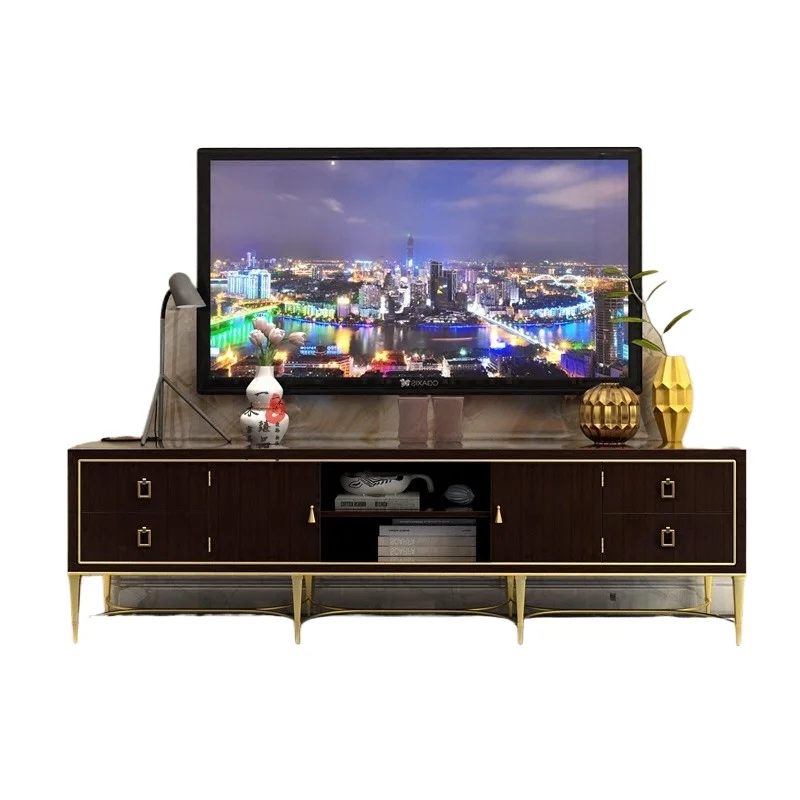 

New American solid wood TV cabinet living room square stainless steel floor cabinet modern simple furniture