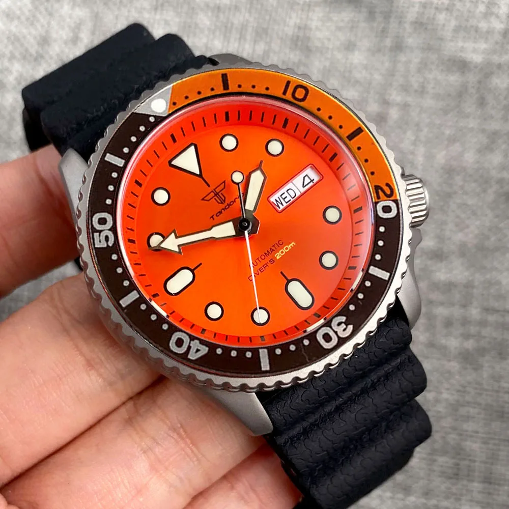 Tytanowy zegarek mechaniczny SKX Diver męski zegarek Tandorio datownik w dni powszednie NH36AA Movt 120 kliknięć Bezel pasek silikonowy 20bar zegar