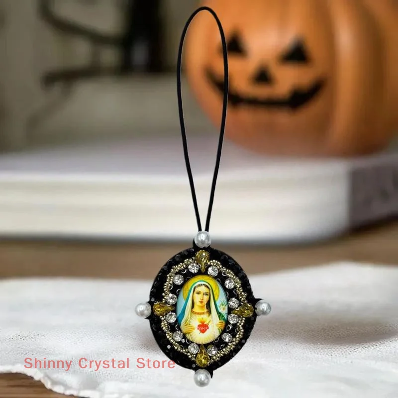 

3D Glass Pendant Our Lady Mary Lanyard Accessories Bag Decoration Lanyard Beading Rhinestone Car Hanging Applique Decor