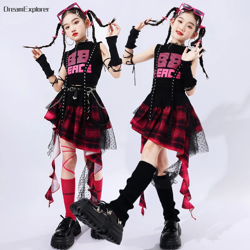 Girls Hip Hop Crop Top Plaid Street Dance Lace Ribbon Skirts Kids Sweet Jazz Cheerleader Costumes Child Streetwear Clothes Sets