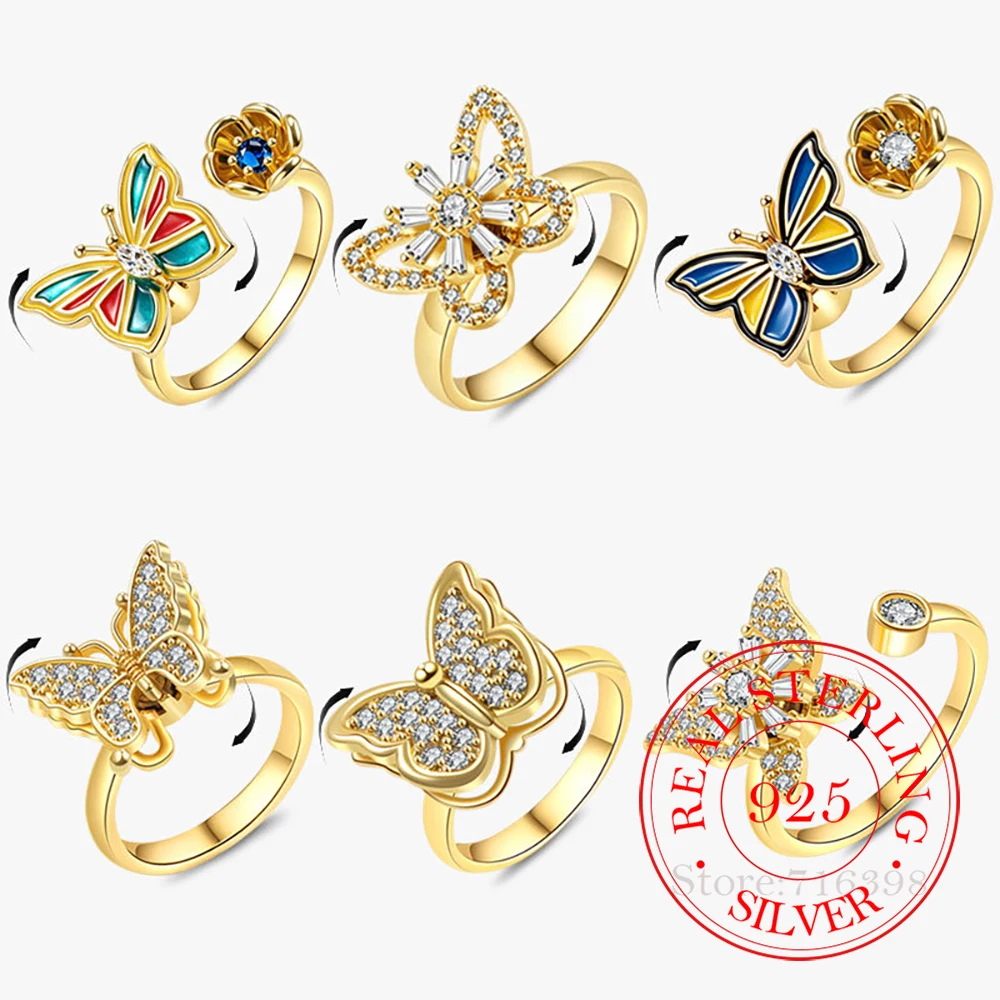 925 Sterling Silver Jewelry Luxury Crystal Butterfly Rotatable Finger Rings for Women Wedding Party Jewelry Girls Friends Gift