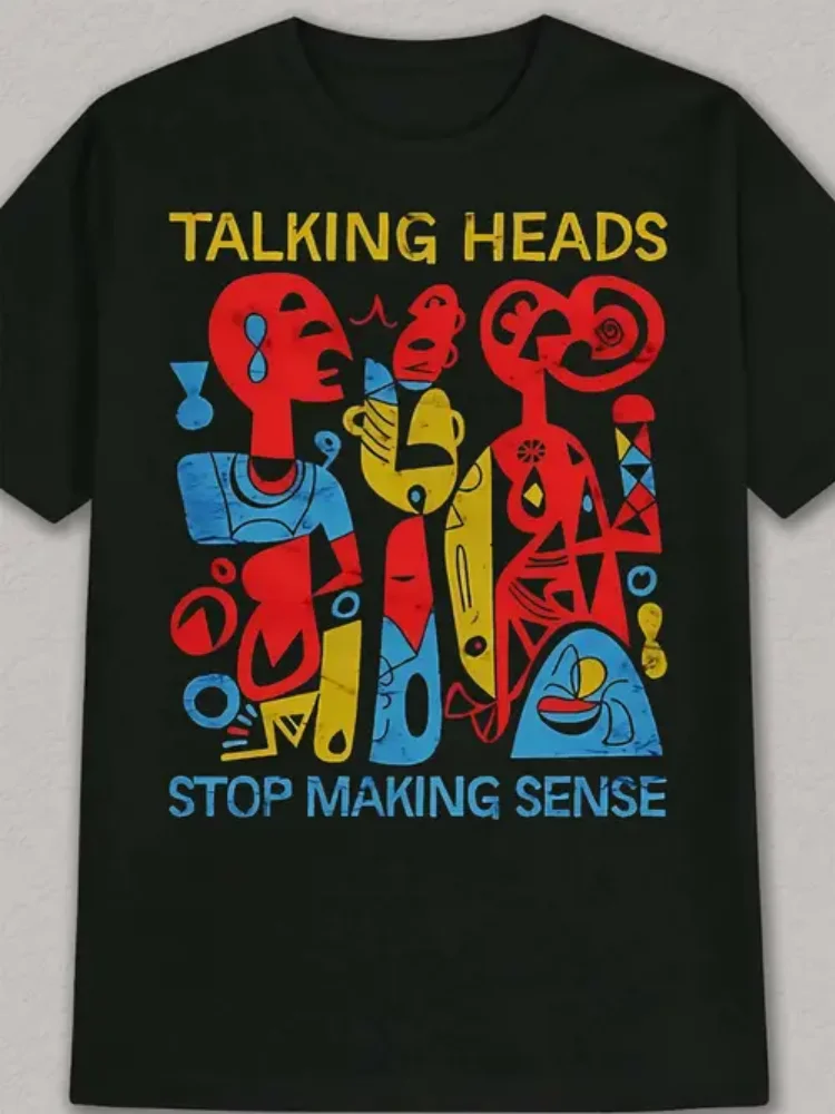 

Men's Summer Casual Graphic T-Shirt - Bold "Talking Heads Stop Making Sense" Print, Black with Yellow & Red Abstract Art, Light