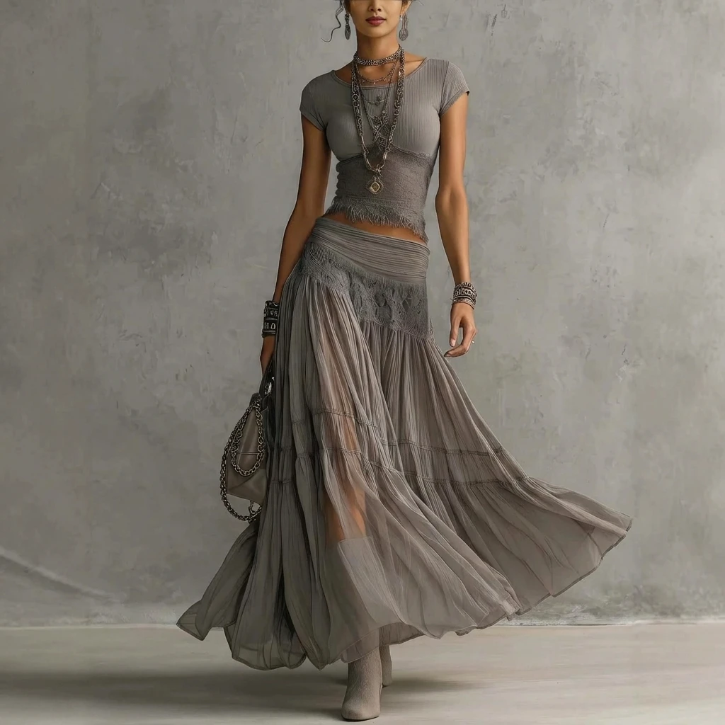 Aliexpress 2 Piece Skirt Set Women Bohemian Grey Knit Top and Flowy Chiffon Pleated Maxi Skirt - Aliexpress Deal
