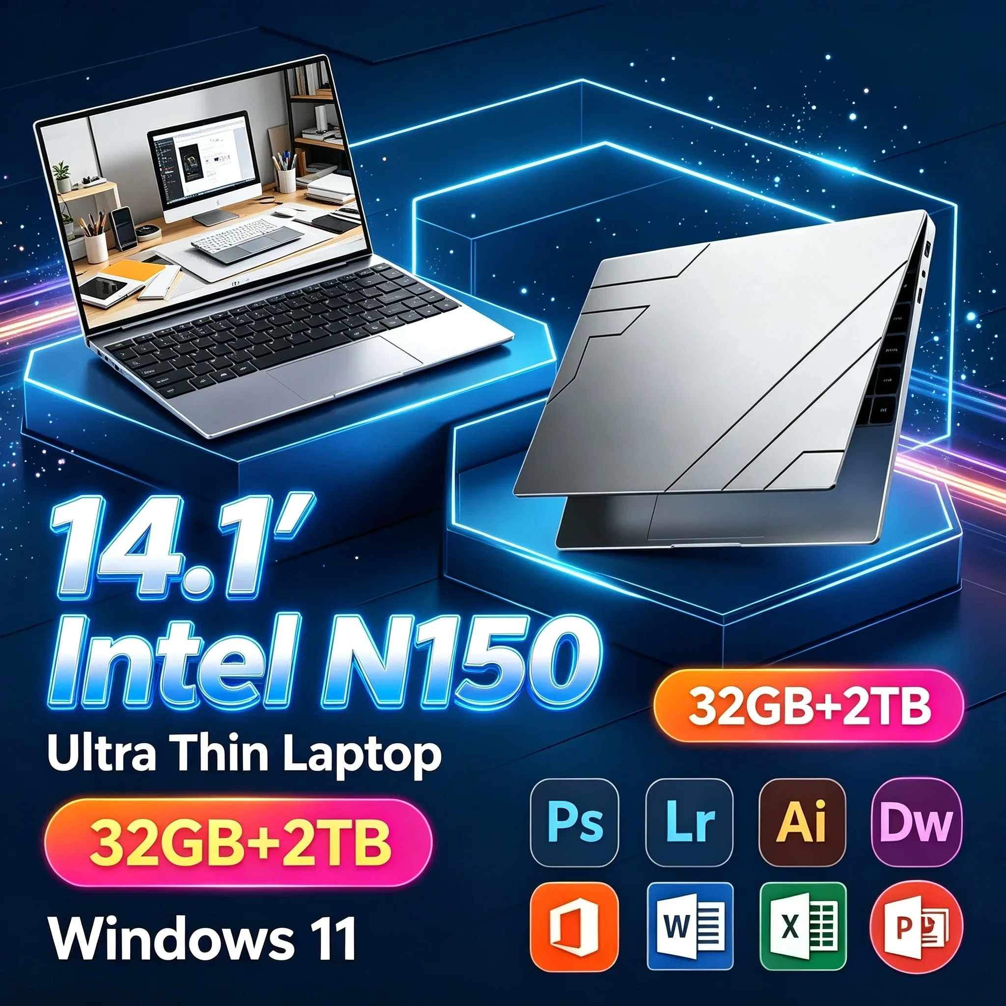 14.1'' Inch High Speed Laptop Intel N150 32GB RAM 1TB/2TB SSD Windows11 Portable Notebook For Student Office Work