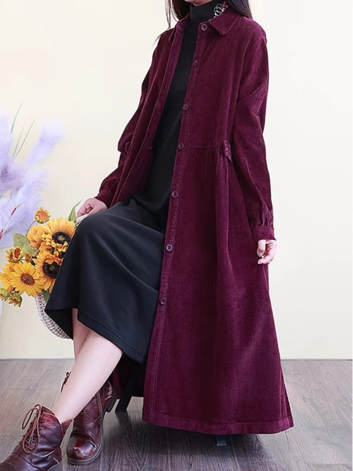 

Retro Corduroy Women's Jaet 2024 Winter Loose Mid-Length Outerwear Button Detail Long Sve Collar Color Coat