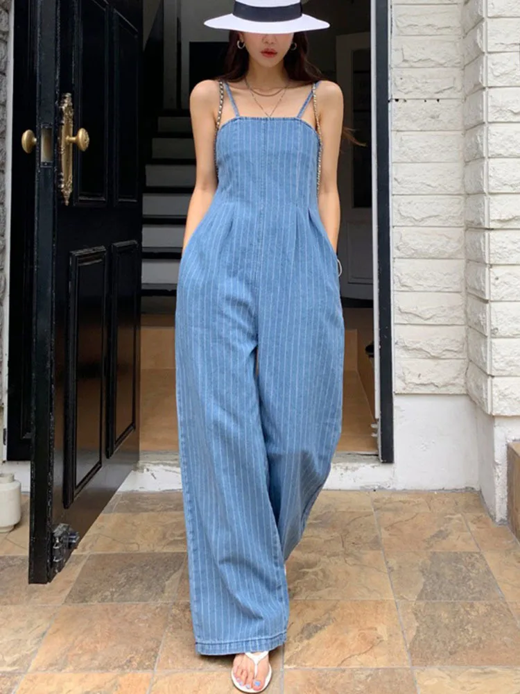 Vintage Striped Baggy Denim Slip Jumpsuit For Women Casual Loose Wide Leg Rompers With Pocket Pants Summer Overalls Playsuit New