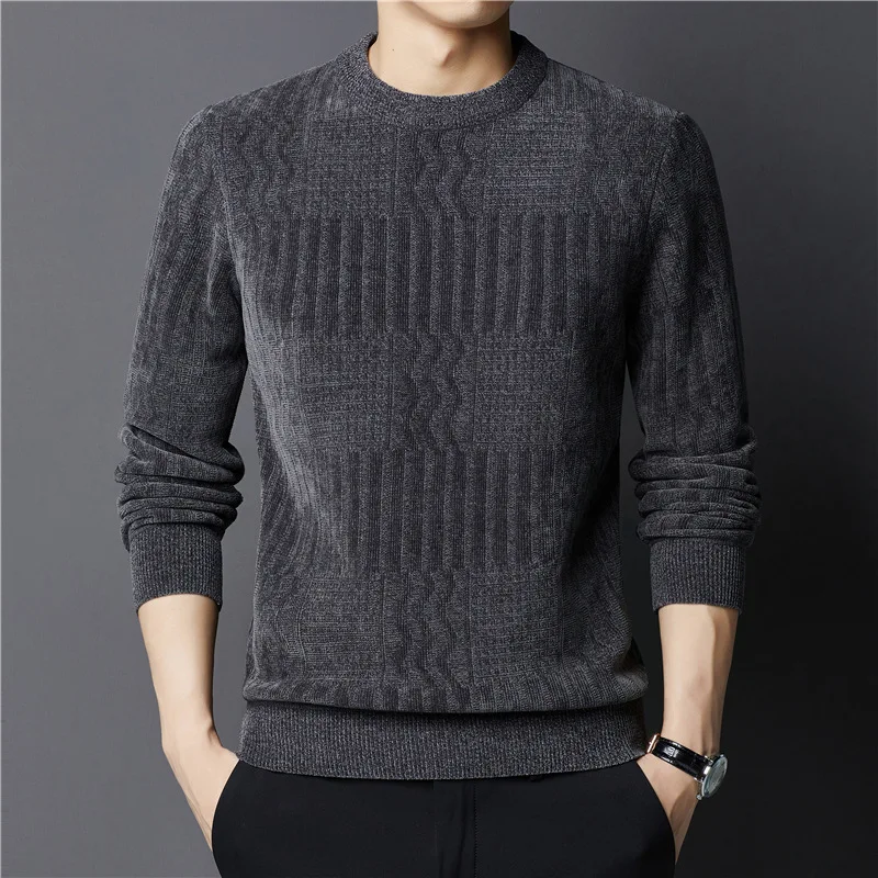 Thiened Fce Men's Sweater Winter Warm Base Layer Knitwear Pure Color Mid-aged Men's Clothing Casual round Ne Sweater