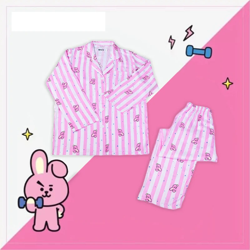 2Pcs Set Bt21 Pajamas Kawaii Cartoon Long Sleeves Long Pants Casual Wear Summer Loose Sleepwear Home Wear Girl Birthday Gift