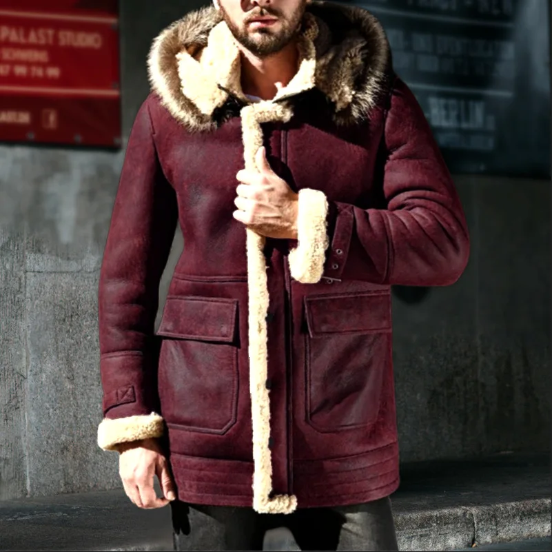 Man Jacket Winter Fashion Thicken Fleece Patchwork Hooded Male Plush Coat Windproof Mid Length Long Sleeve Pocket Men Outerwear