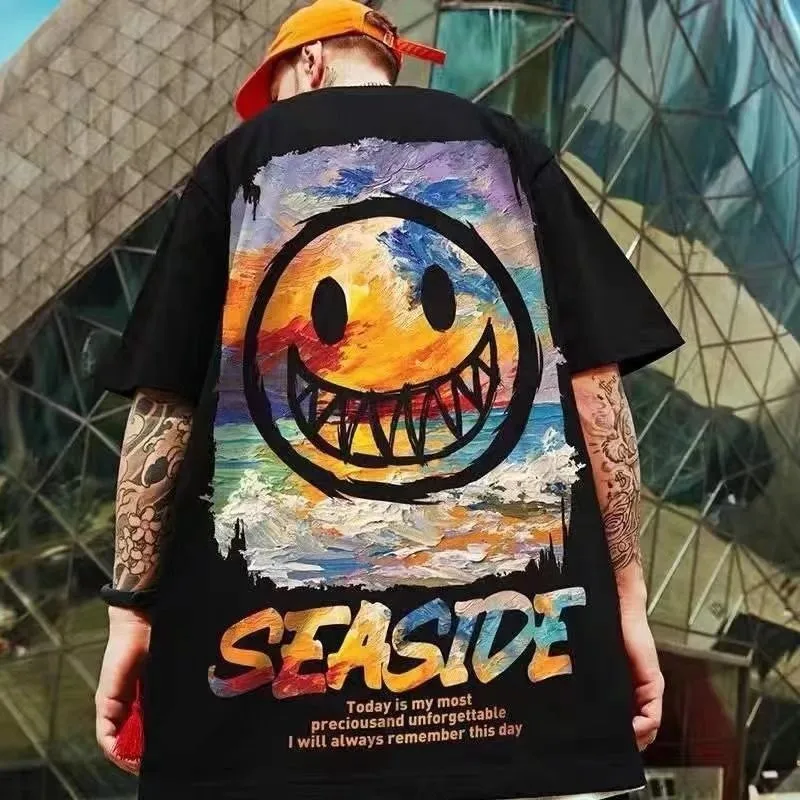 T-shirt ample 8XL tendance style vintage américain avec imprimé graffiti expressif, décontracté et doux, pour homme, tenue polyvalente pour couple