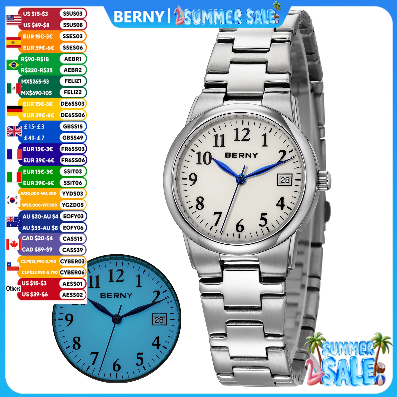 

BERNY Women's Watches Full Luminous Dial Fashion Casual Ladies Quartz Watch Calendar Easy Read Elegant Wristwatch