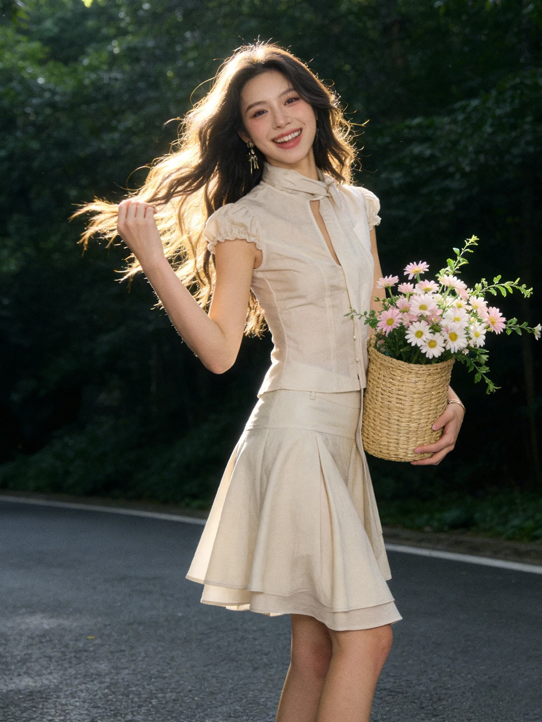 

Elegant Summer Outfit Set Unique Beautiful Top Half-Skirt Stylish Comfortable Cotton Blend High Waist Short Sleeve T-Shirt