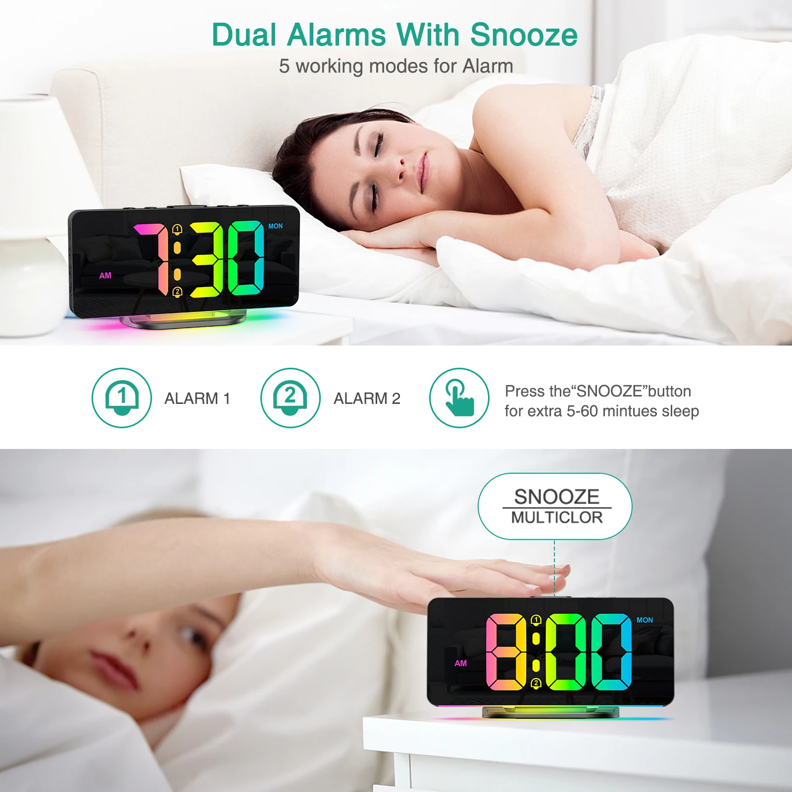 ORIA Reloj Despertador Digital LED RGB con luz nocturna ambiente regulable - imagen 3