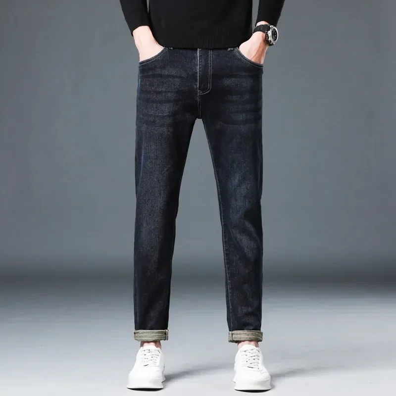 New Autumn And Winter Haze Blue Jeans For Men Thickened Loose Stretch Straight Denim Trousers Street Fashion Casual Men's Pants