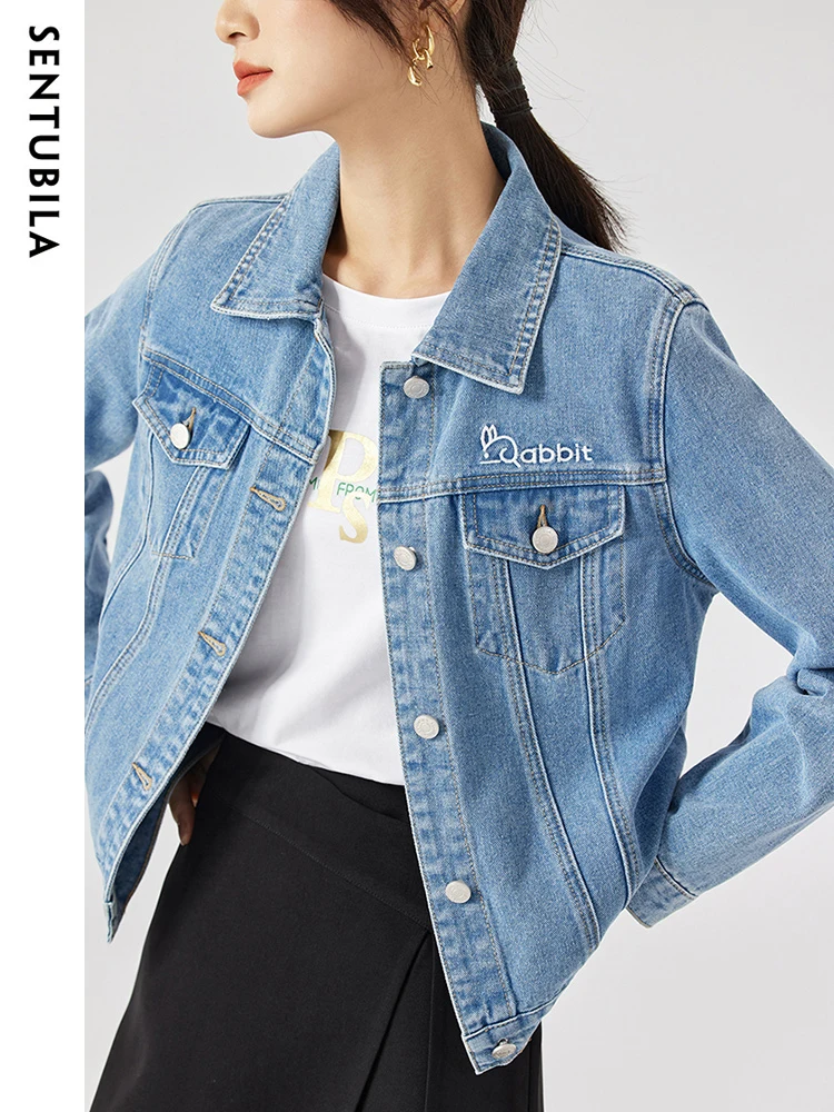 

SENTUBILA Contrast Letter Embroidered Denim Jackets for Women 2024 Spring Vintage Loose Long Sleeve Blue Short Jeans Jacket Coat