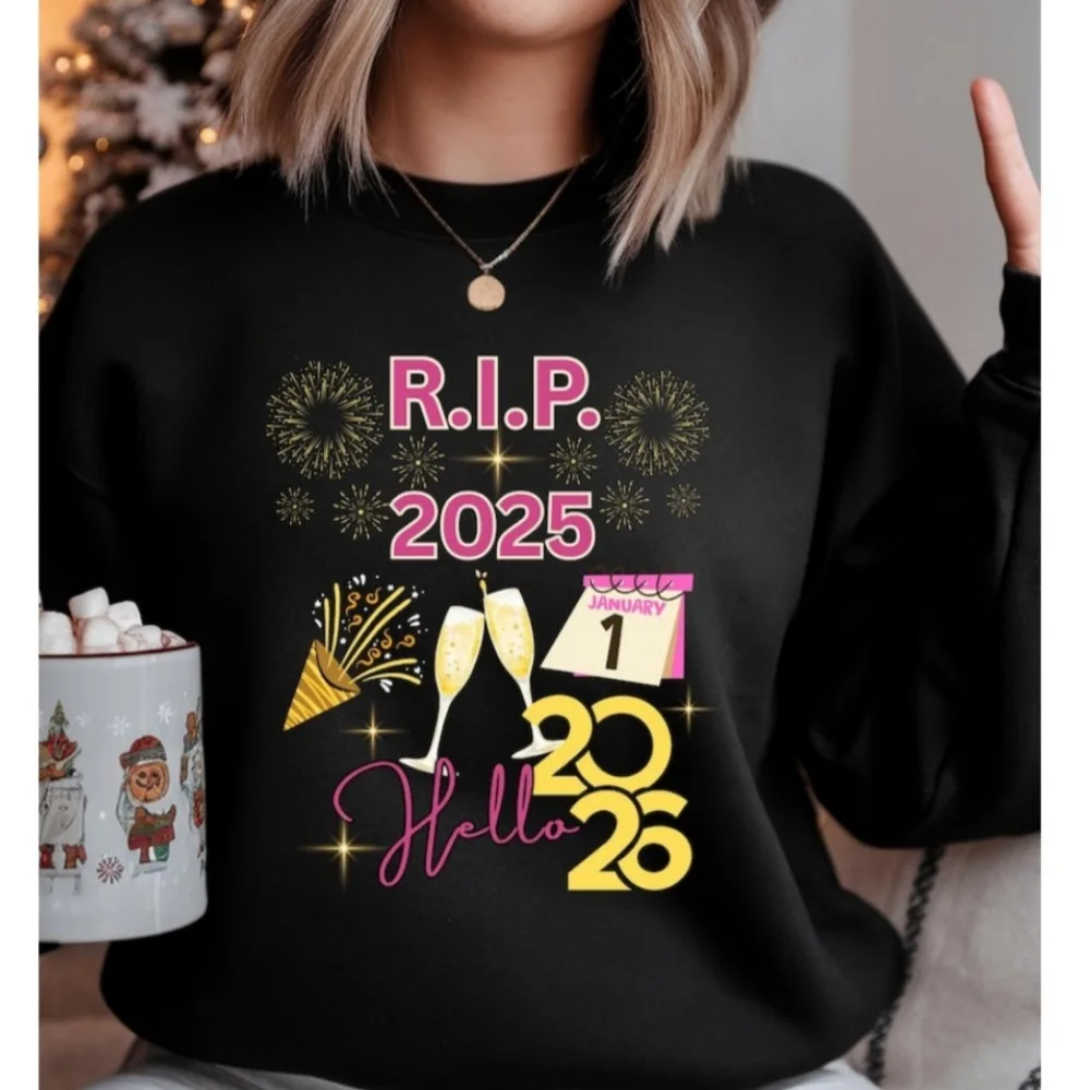 سويت شيرت الاحتفال بالعام الجديد R.I.P. 2025 مرحبا 2026 للجنسين Crewneck هدية مريحة عطلة الملابس رأس السنة الجديدة يوم رأس السنة الجديدة