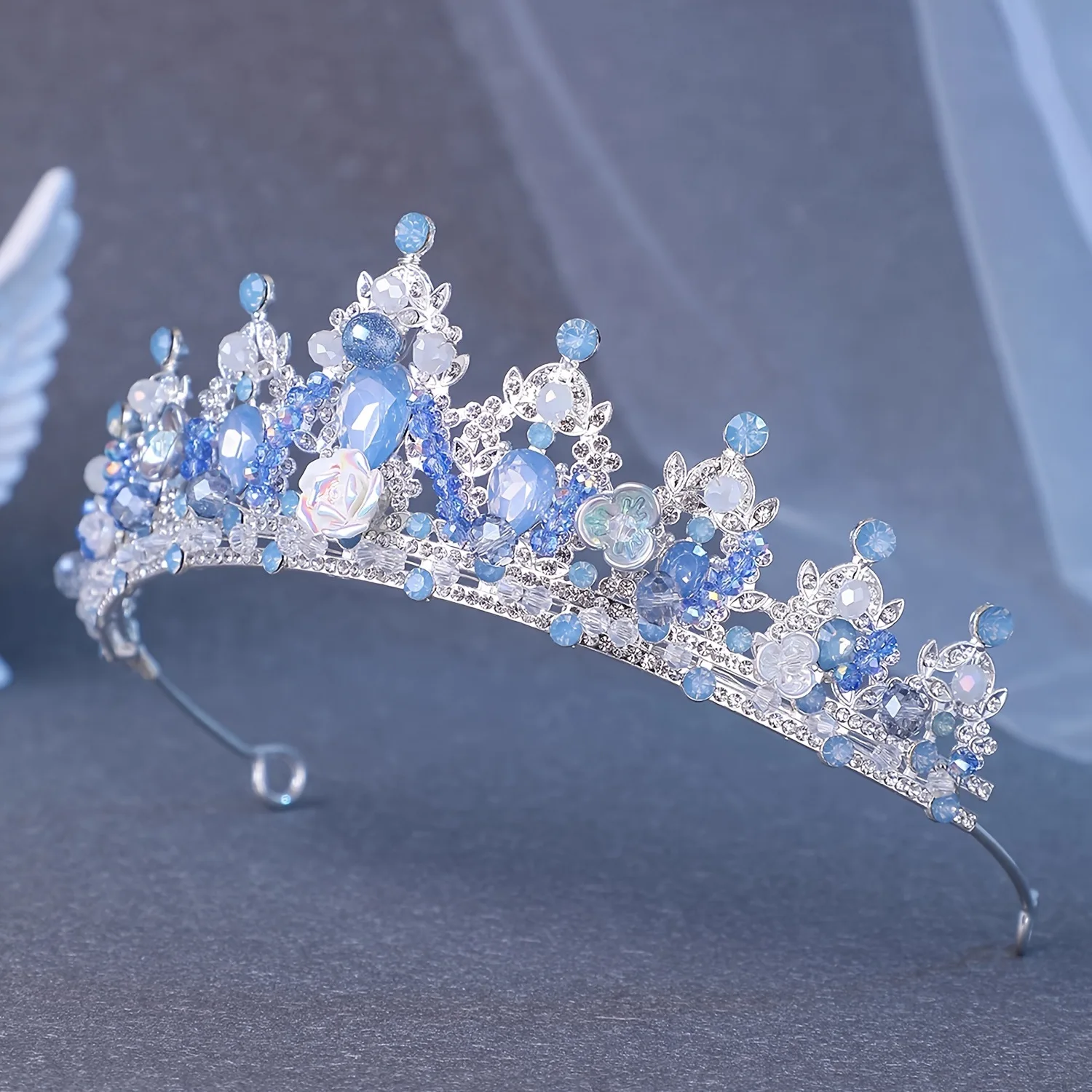Handmade Blue Protein Crystal Beads Rhinestone Tiaras And Crowns Flower Headpiece Princess Queen Diadem Wedding Hair Accessories