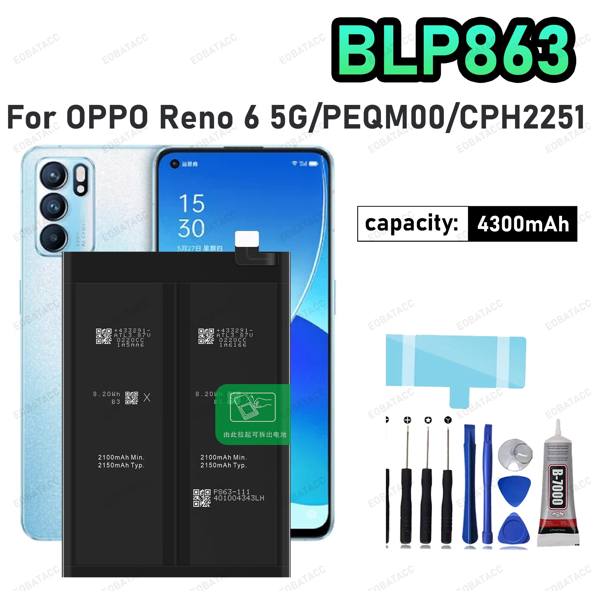 

100% новый высококачественный сменный аккумулятор BLP863 для аккумуляторов OPPO Reno 6 5G + бесплатные инструменты
