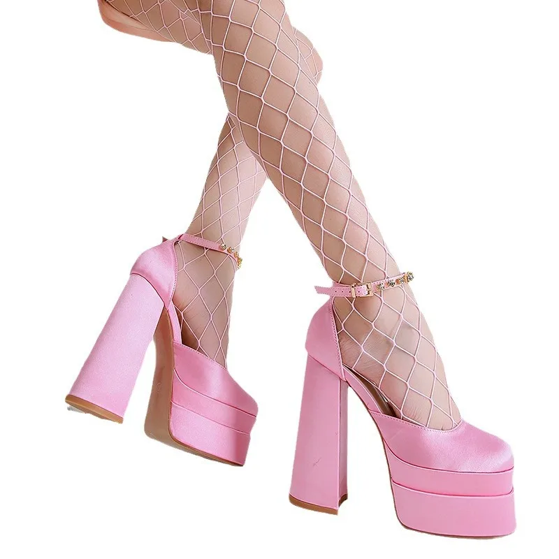 

14cm Summer Platform High Heels Women Square Toe Rhinestone Satin Sandals Party Wedding Prom Fashion Designer Shoes
