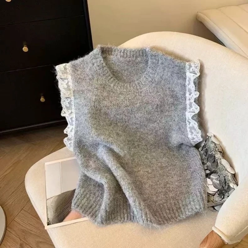 Retro Kant Splice Mouwloze Gebreide Tank Top Vrouwen Losse Luie Mode Gebreide Trui Ronde Hals Koreaanse Stijl Vest Lente 2025