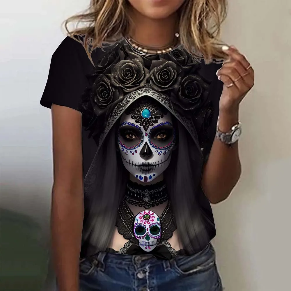 Fashion Women\'s T-shirt for Girls Summer Short Sleeve Casual Sexy Girls Clothes Horror Undead Skull Pattern oversized T-shirts