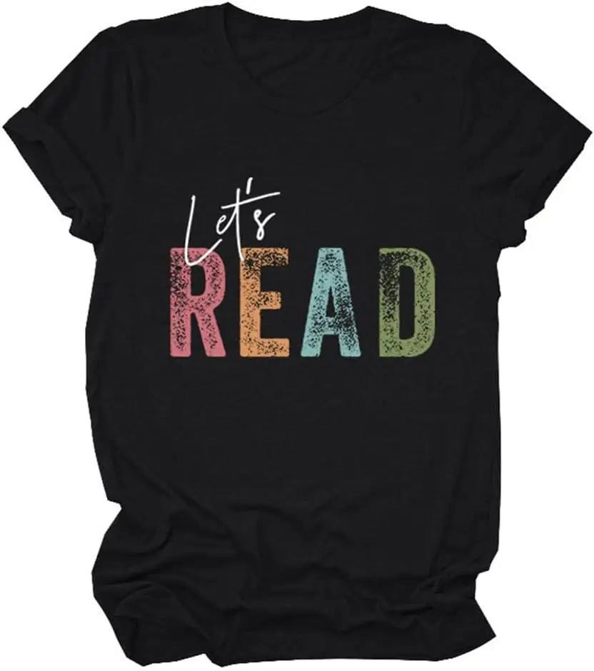 Let's Read Shirt Reading Book T-Shirt Vintage Graphic Women Crewneck Summer Bookworm Tee Tops Book Lover Gifts