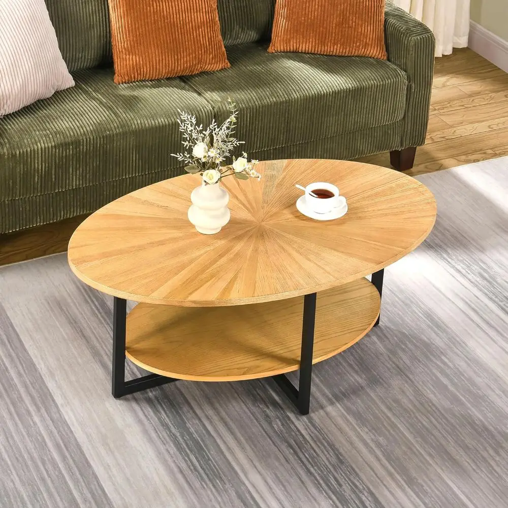 โต๊ะกาแฟทรงรีอุตสาหกรรมสมัยใหม่ 43.3 พร้อมชั้นวาง 2 ชั้น ไม้ธรรมชาติสำหรับห้องนั่งเล่นขนาดเล็ก