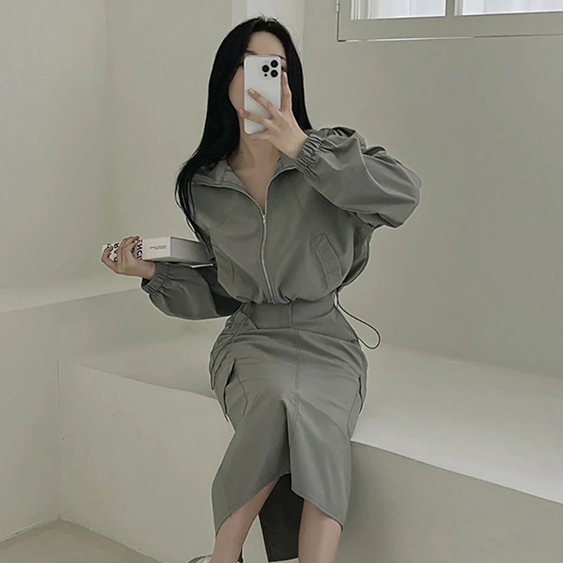 Spring Sexy Dress 2 Peices Set Women Jacket Suits Korean Fashion Y2k Outfits Slim Long Sleeve Coat and Skinny Long Skirts Sets