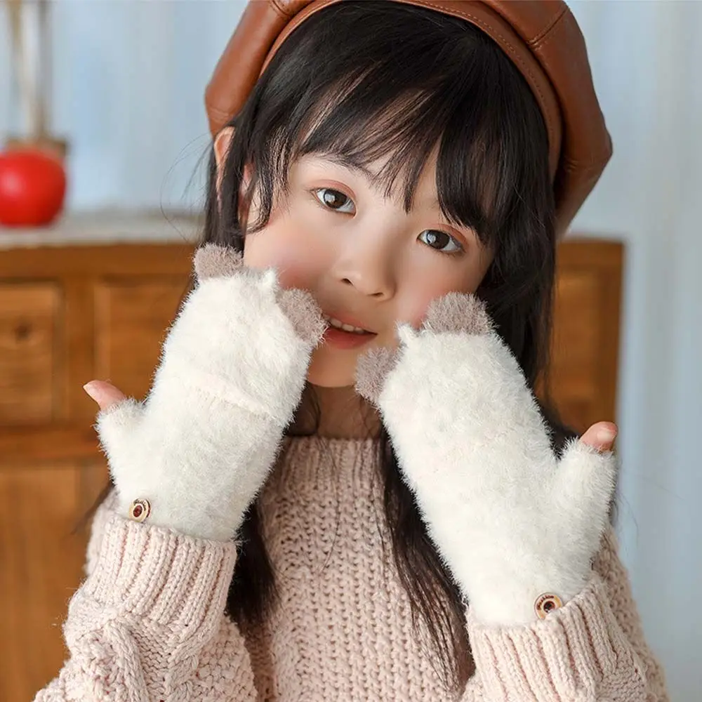 Cute Thick Cat Ear For Kids Children Winter Half Finger Gloves Children Gloves Flip Cover Gloves Korean Knitted Mittens