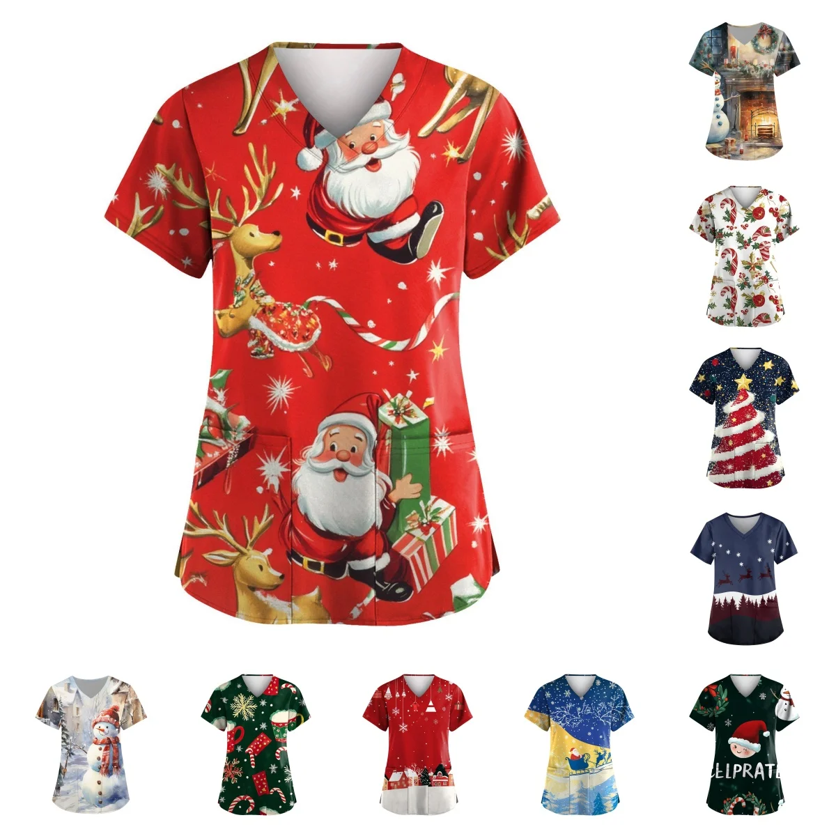 Dames kerstkostuum scrubs top met kerstprint, onderhoudsvriendelijk elastisch scrub medisch uniform, V-hals zak met korte mouwen, N