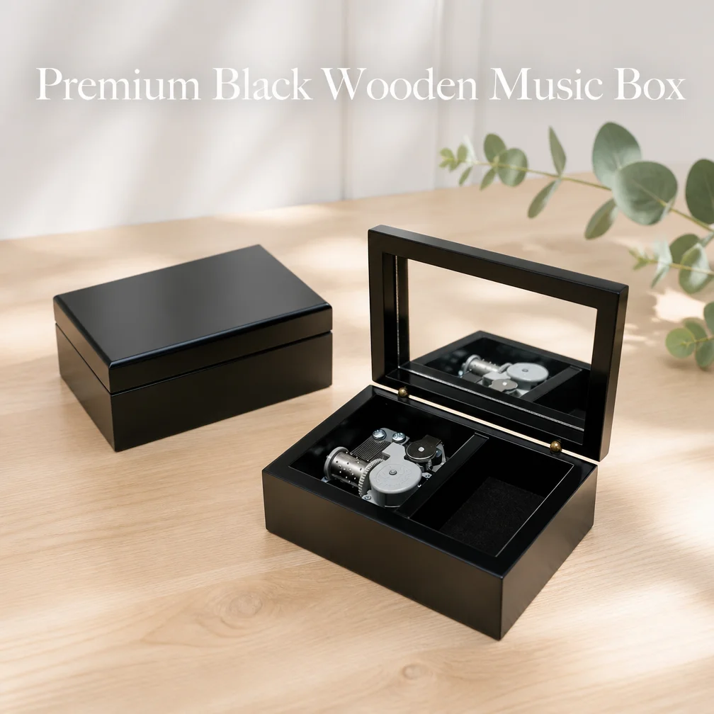 Sleek Black Wooden Music Box Sankyo Movement Canon Jewelry Box with Mirror Gift for Women Birthday Christmas Decor