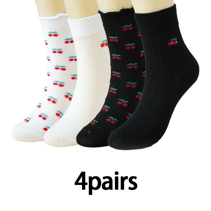 4Pairs Embroidery Cherry Women Socks Japanese Fashion Knitted Cotton Black White Long Sock Sweet Girl Lolita Kawaii Ruffle Socks